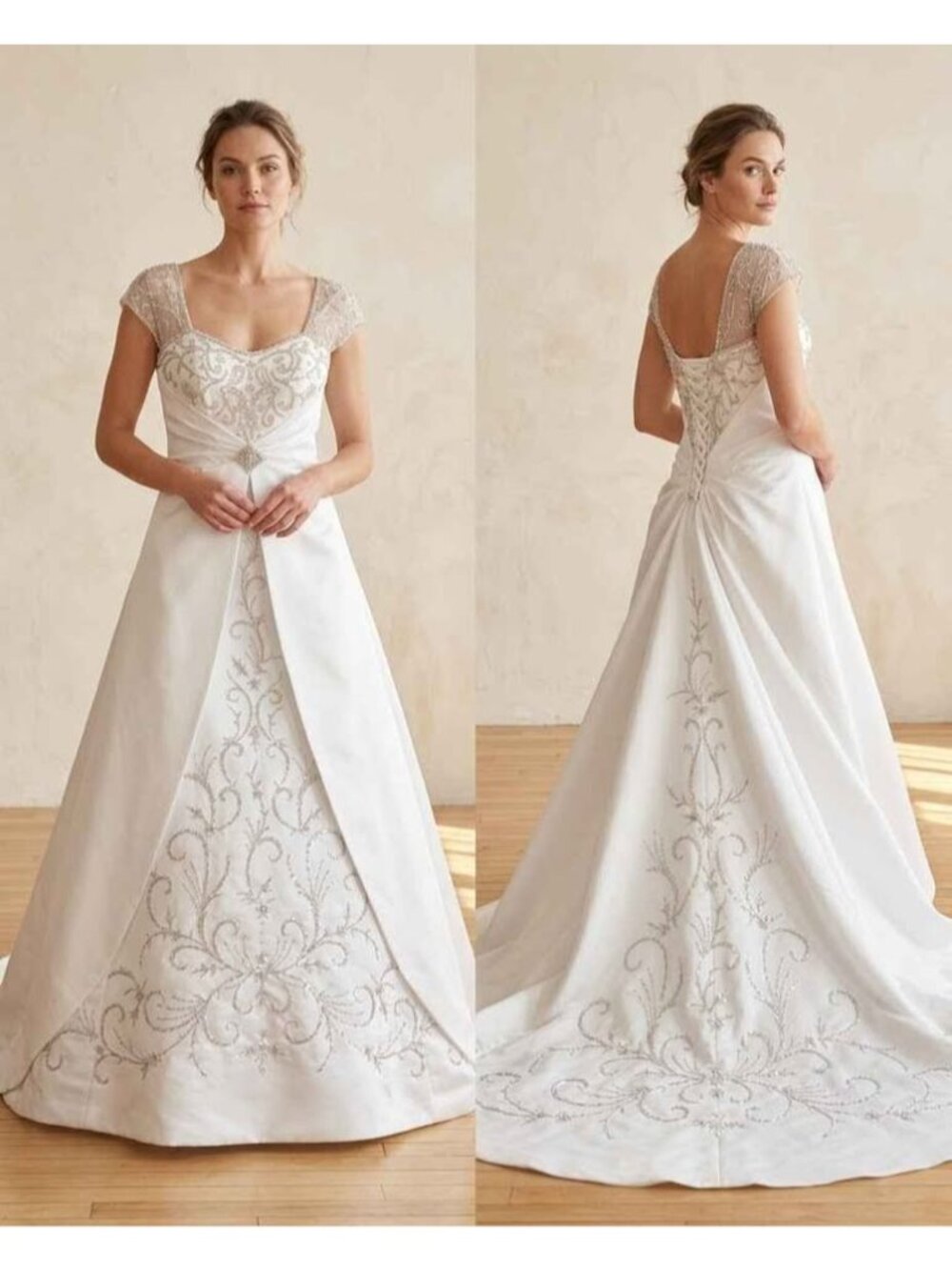 Maggie Sottero Couture White & Pewter Satin Wedding Dress Beaded Corset Size 16
